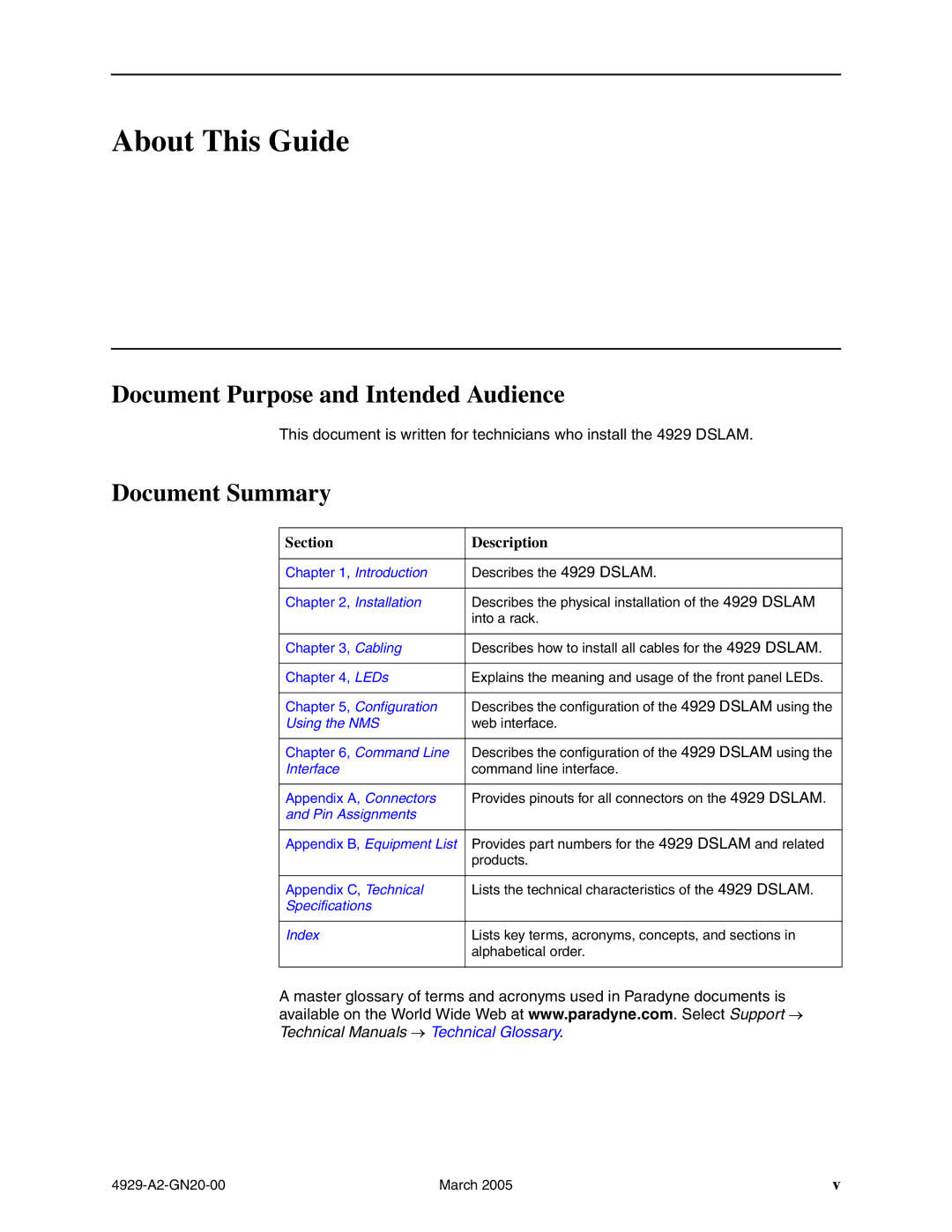 Paradyne 4929 DSLAM manual About This Guide, Document Purpose and Intended Audience, Document Summary 