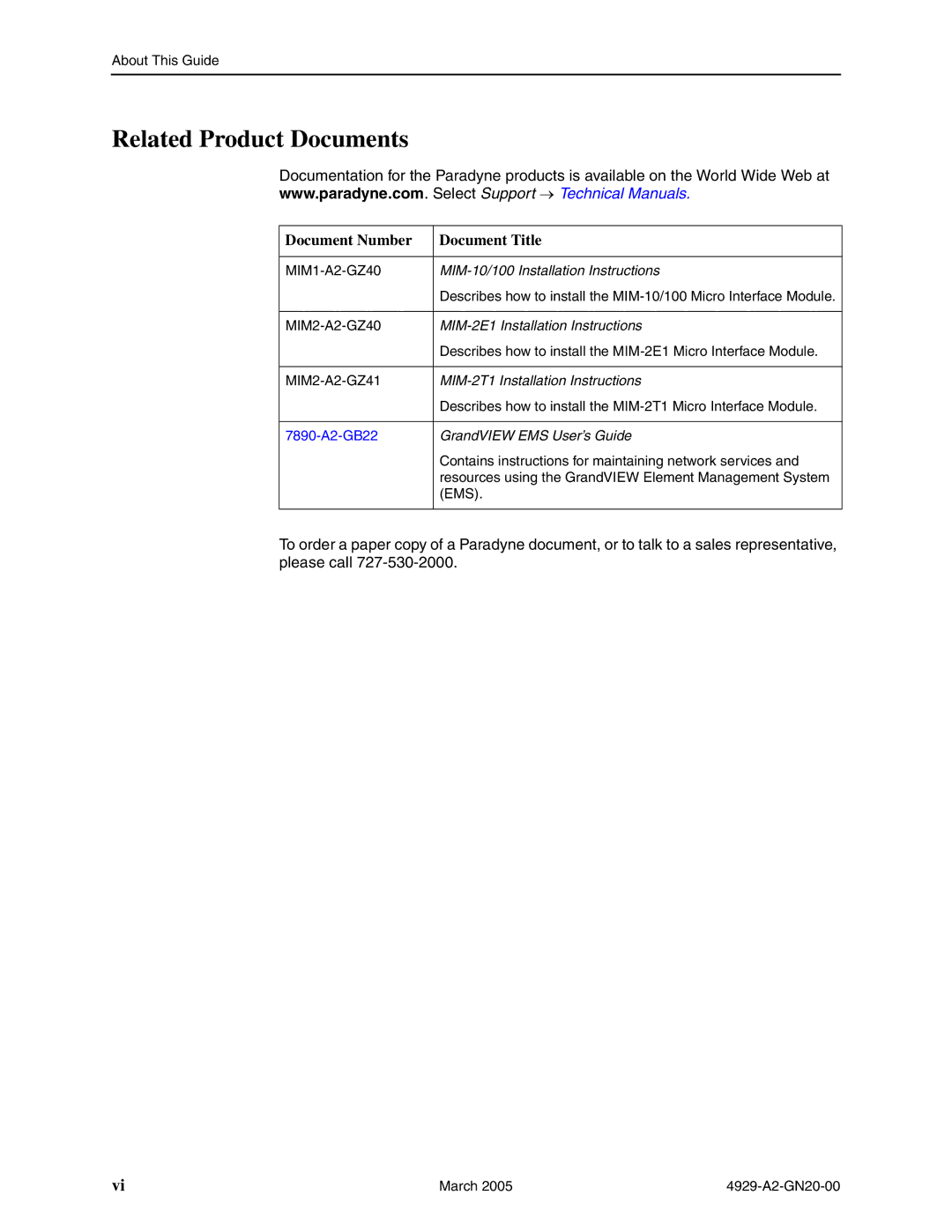 Paradyne 4929 DSLAM manual Related Product Documents, Document Number Document Title 