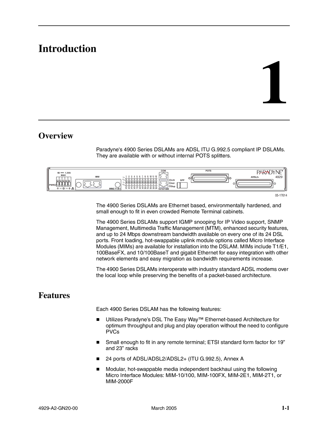 Paradyne 4929 DSLAM manual Introduction, Overview, Features 