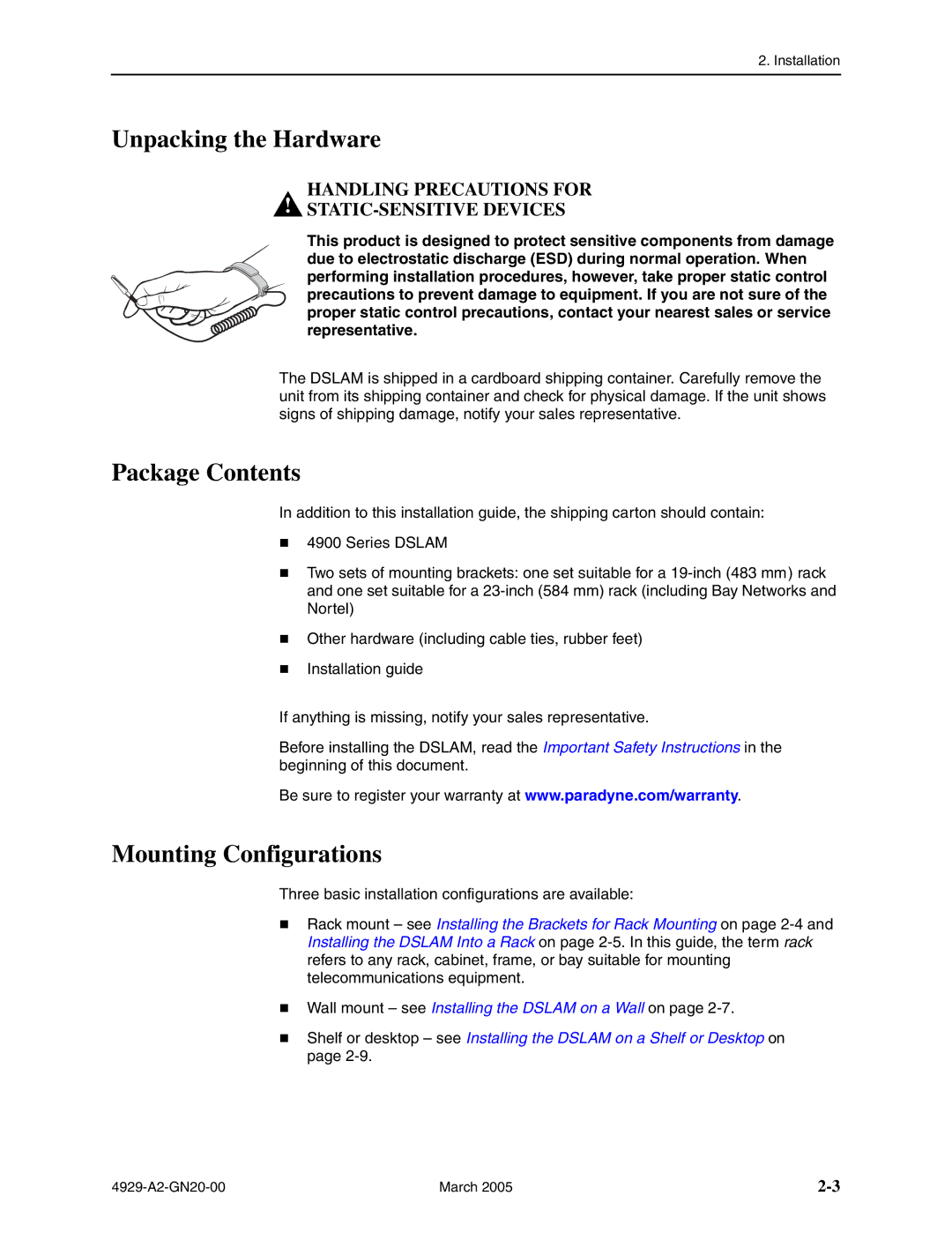 Paradyne 4929 DSLAM manual Unpacking the Hardware, Package Contents, Mounting Configurations 