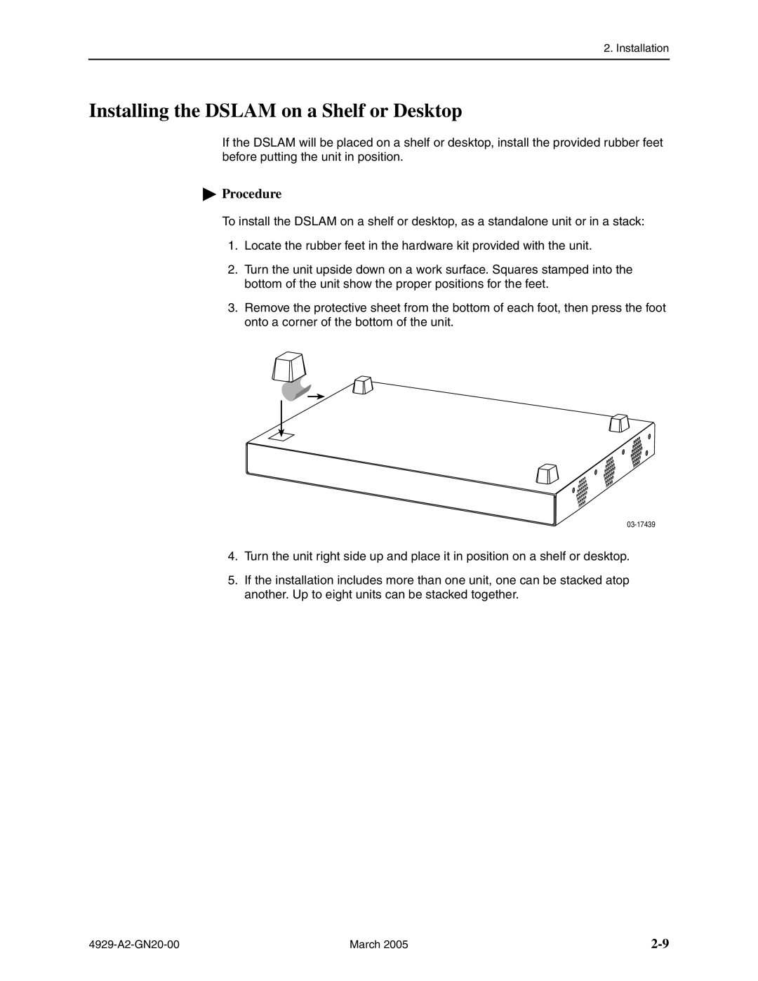 Paradyne 4929 DSLAM manual Installing the Dslam on a Shelf or Desktop 