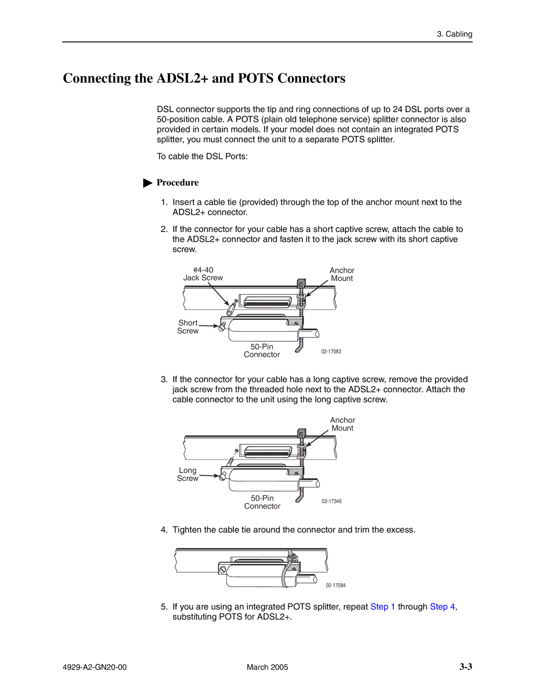 Paradyne 4929 DSLAM manual Connecting the ADSL2+ and Pots Connectors 