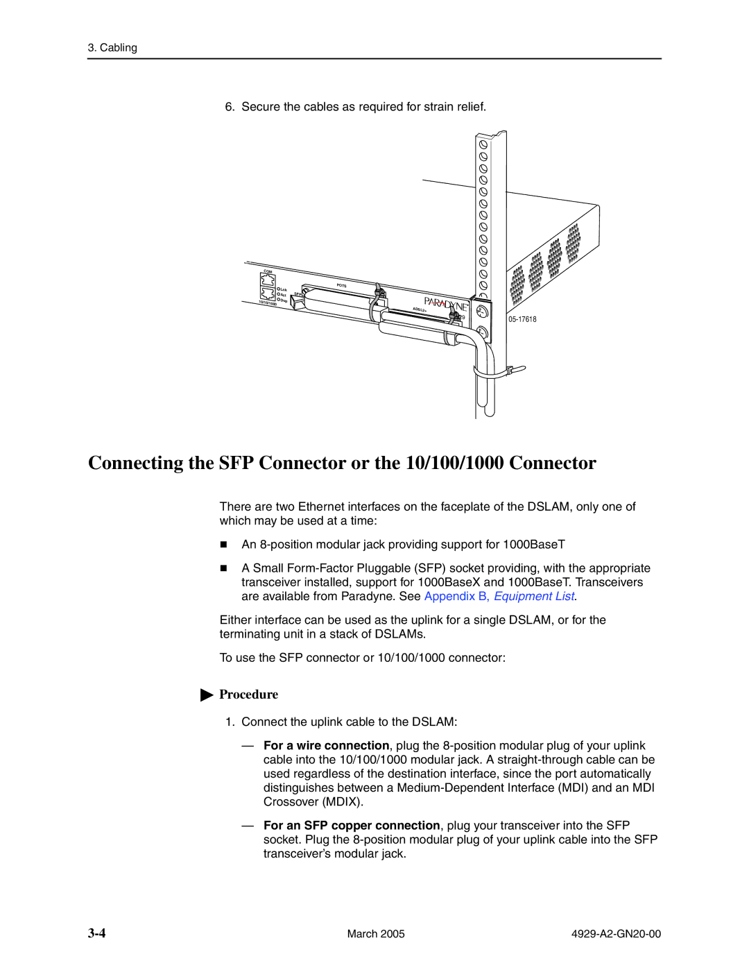 Paradyne 4929 DSLAM manual Connecting the SFP Connector or the 10/100/1000 Connector 