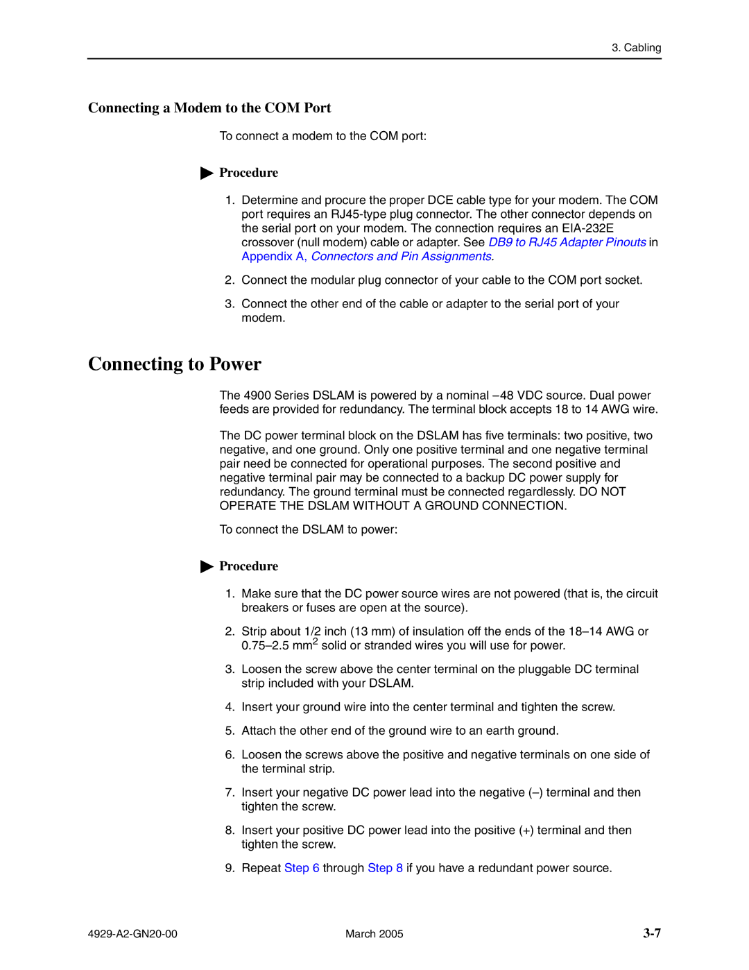 Paradyne 4929 DSLAM manual Connecting to Power, Connecting a Modem to the COM Port 