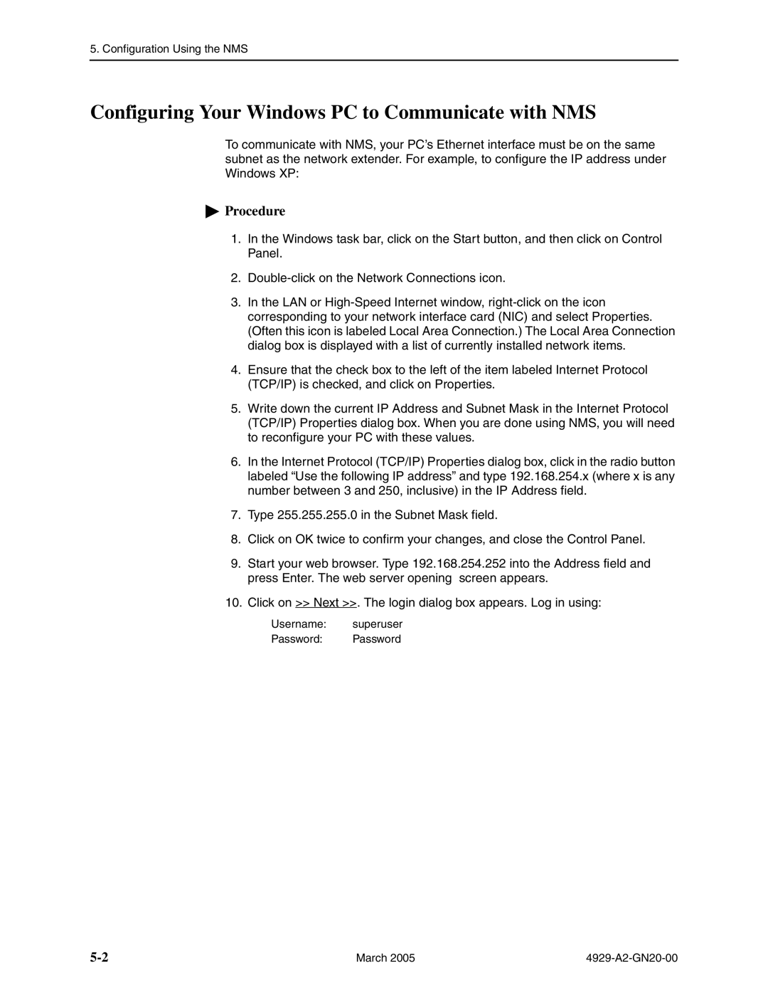 Paradyne 4929 DSLAM manual Configuring Your Windows PC to Communicate with NMS 