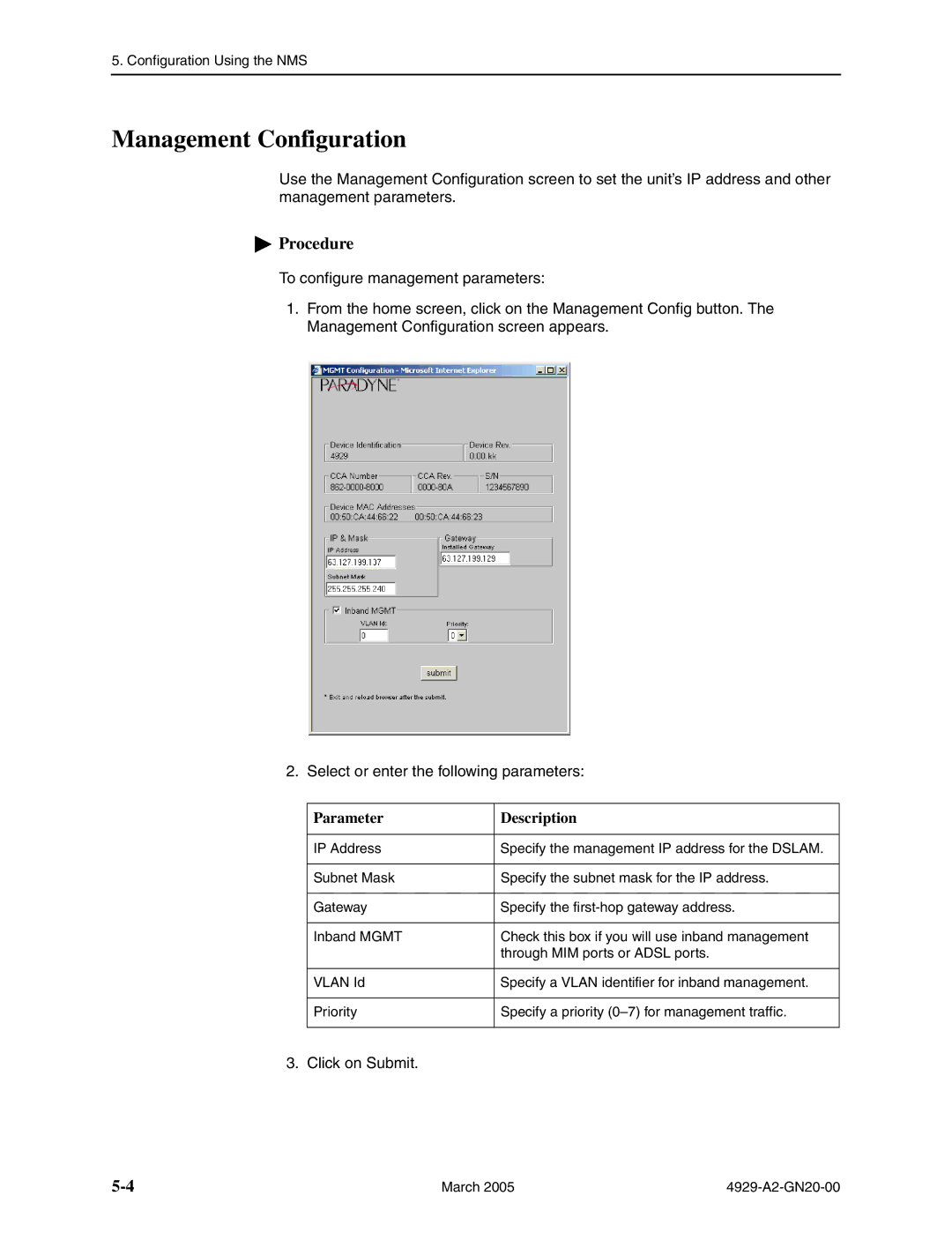 Paradyne 4929 DSLAM manual Management Configuration, Parameter Description 