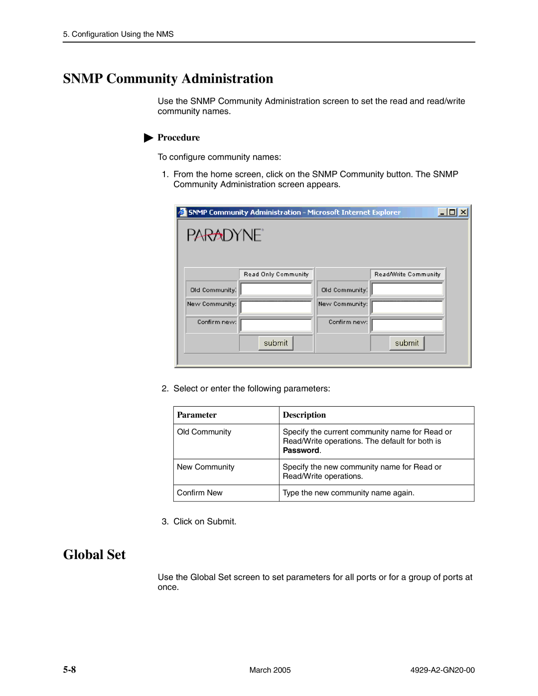 Paradyne 4929 DSLAM manual Snmp Community Administration, Global Set 