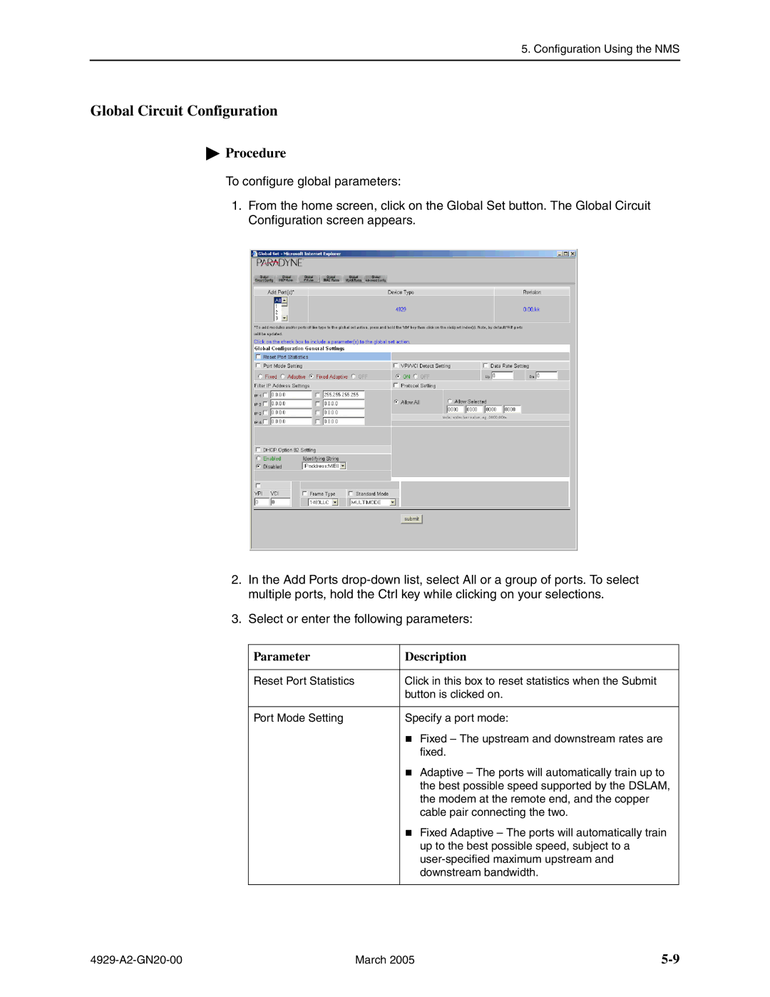 Paradyne 4929 DSLAM manual Global Circuit Configuration 