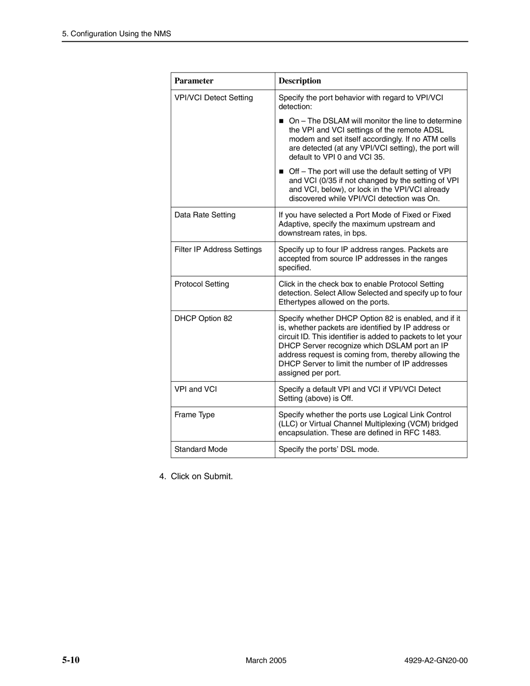 Paradyne 4929 DSLAM manual Parameter Description 