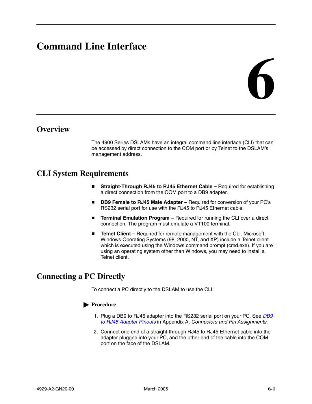 Paradyne 4929 DSLAM manual Command Line Interface, CLI System Requirements, Connecting a PC Directly 