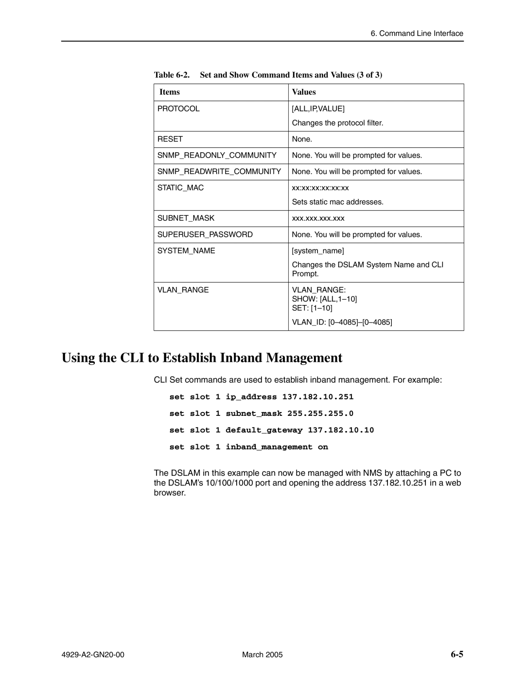 Paradyne 4929 DSLAM manual Using the CLI to Establish Inband Management, Set and Show Command Items and Values 3 