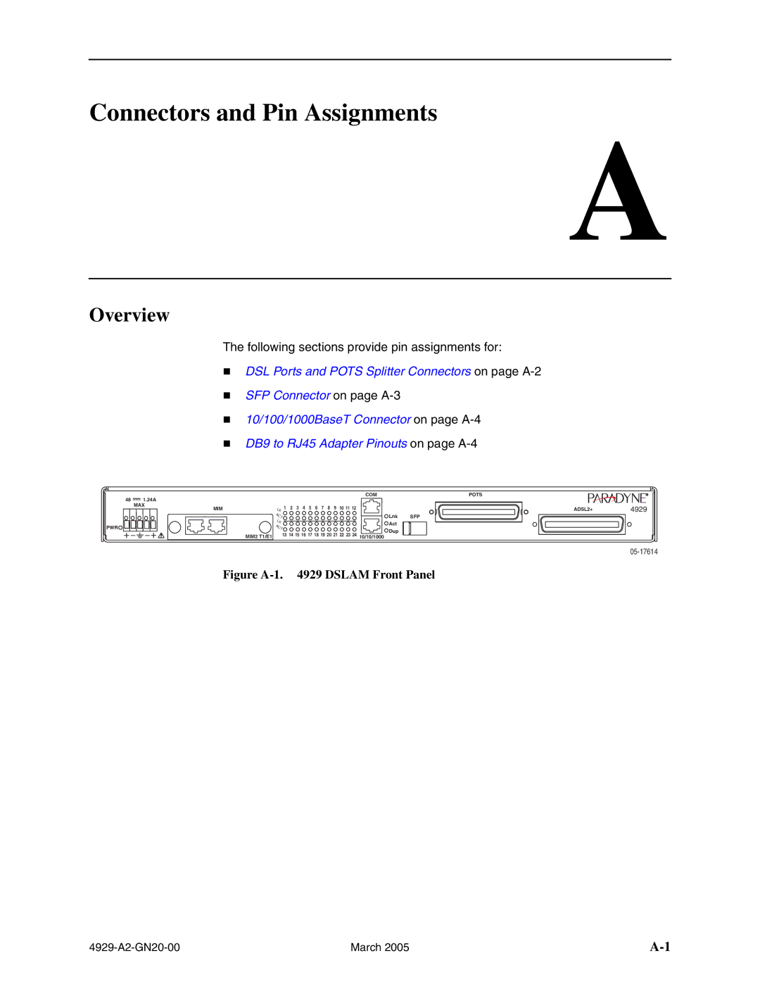 Paradyne 4929 DSLAM manual Connectors and Pin Assignments, Figure A-1 Dslam Front Panel 