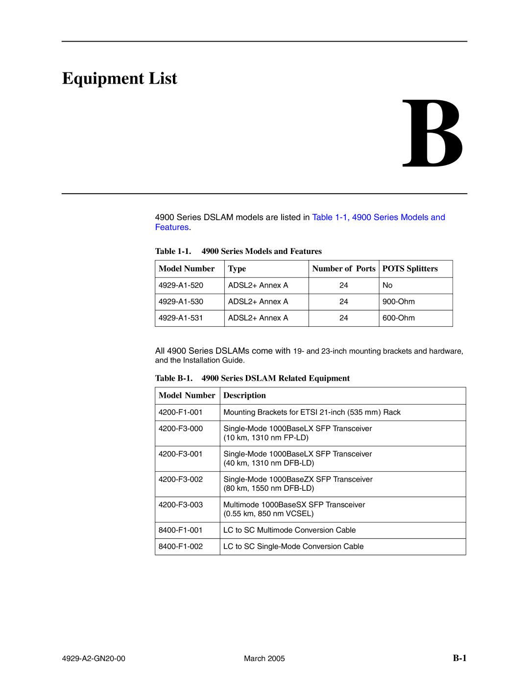 Paradyne 4929 DSLAM manual Equipment List 