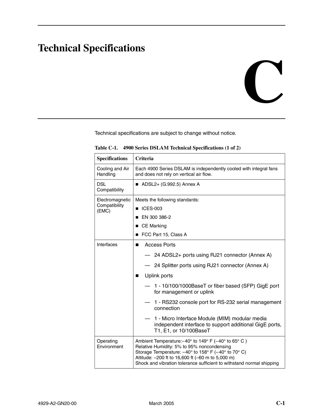 Paradyne 4929 DSLAM manual Table C-1 Series Dslam Technical Specifications 1 Criteria, Emc 