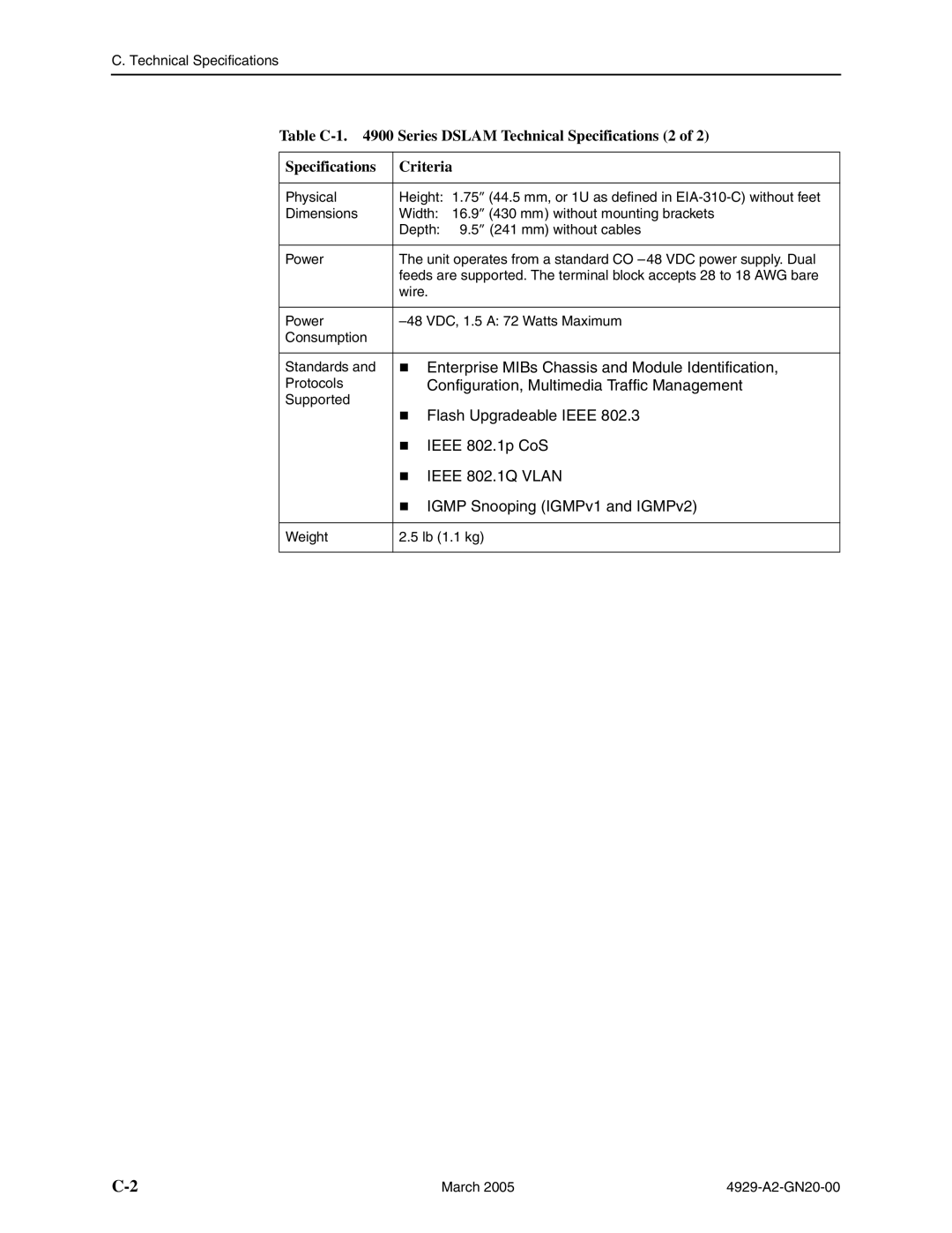 Paradyne 4929 DSLAM manual Table C-1 Series Dslam Technical Specifications 2 Criteria 