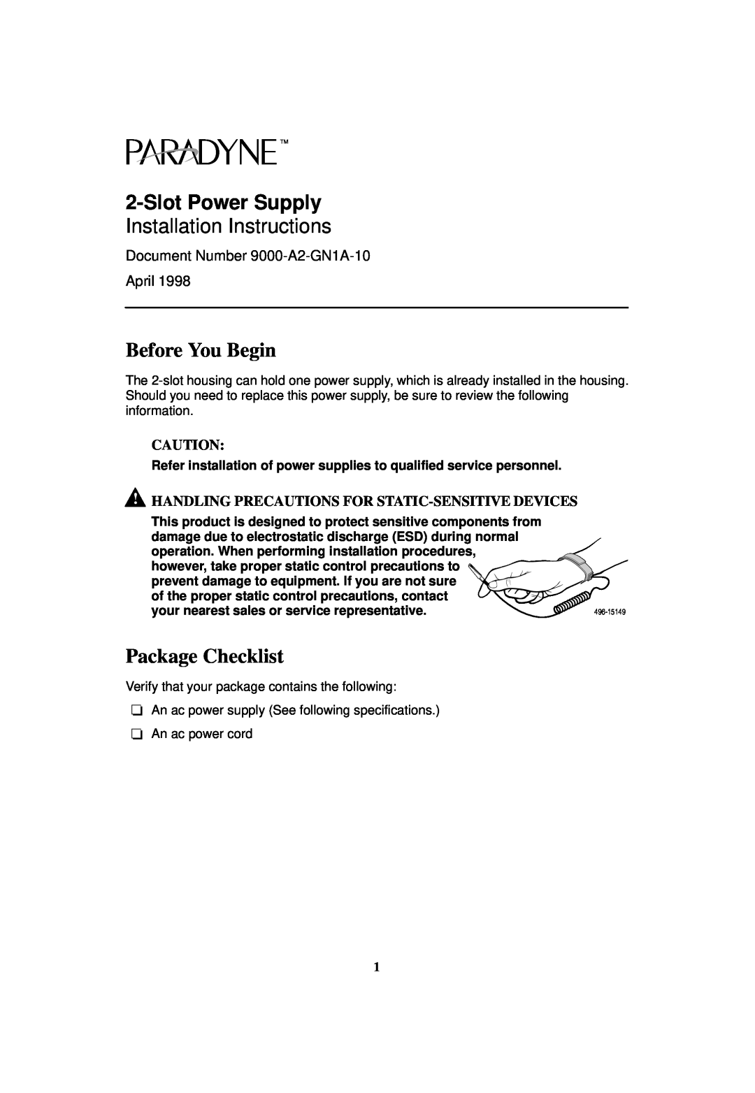 Paradyne 496-15149 installation instructions Before You Begin, Package Checklist, Slot Power Supply 