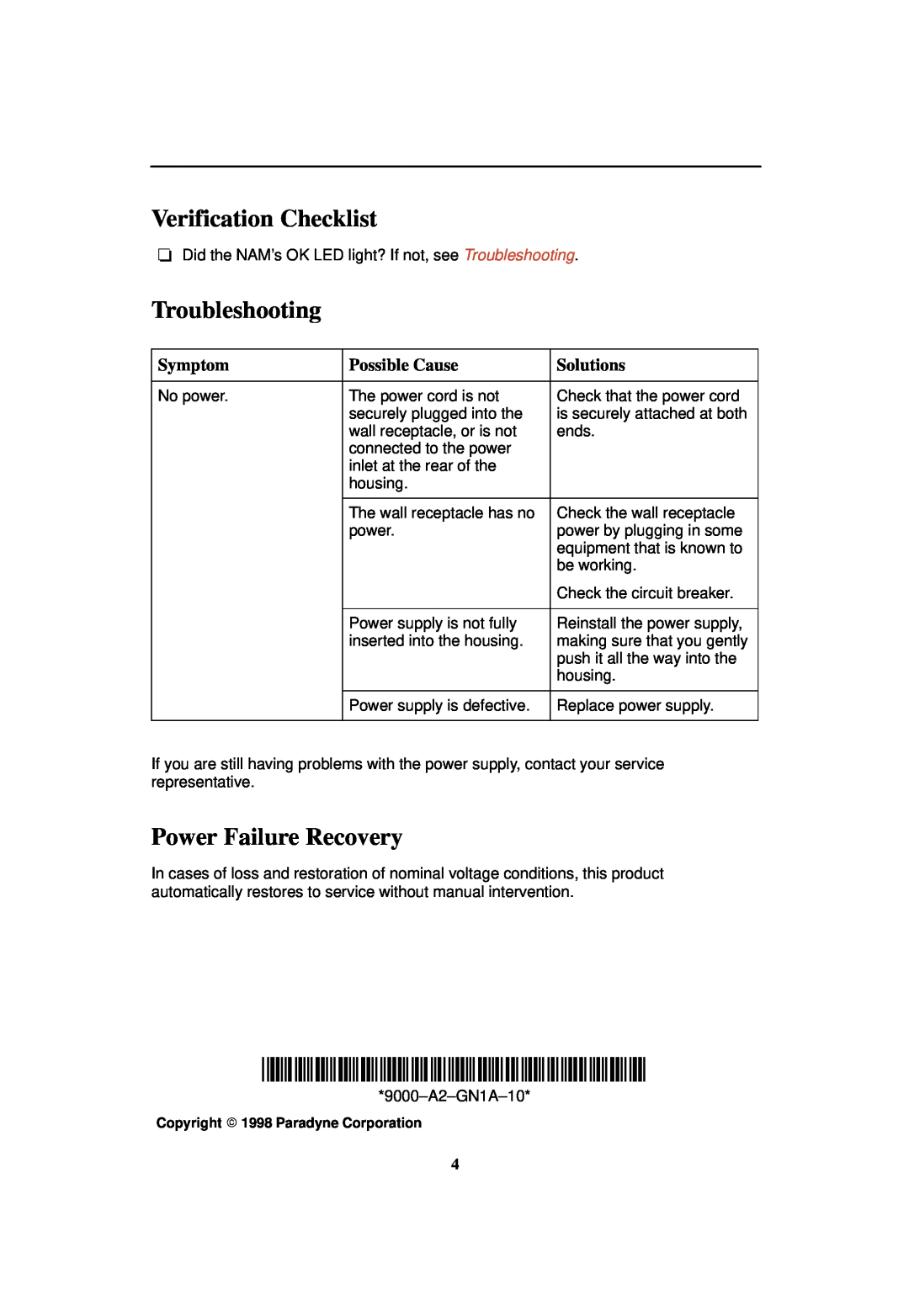 Paradyne 496-15149 Verification Checklist, Troubleshooting, Power Failure Recovery, Symptom, Possible Cause, Solutions 