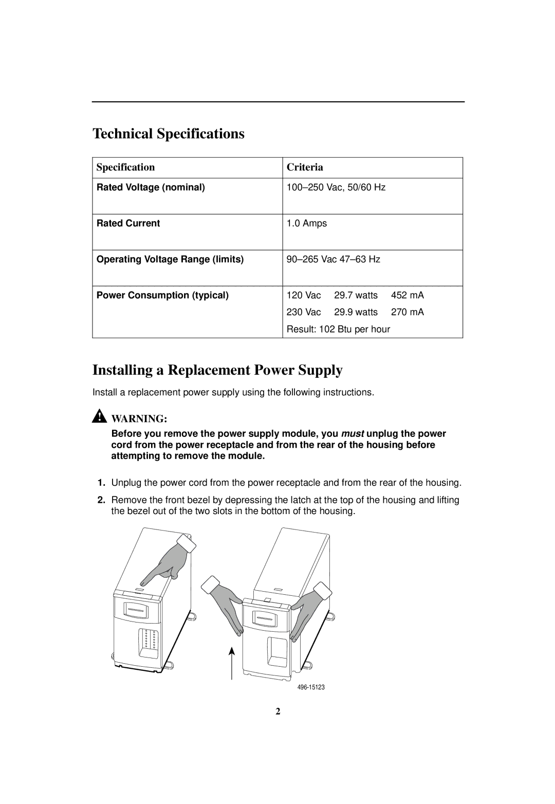 Paradyne 496-15149 Technical Specifications, Installing a Replacement Power Supply, Specification Criteria 