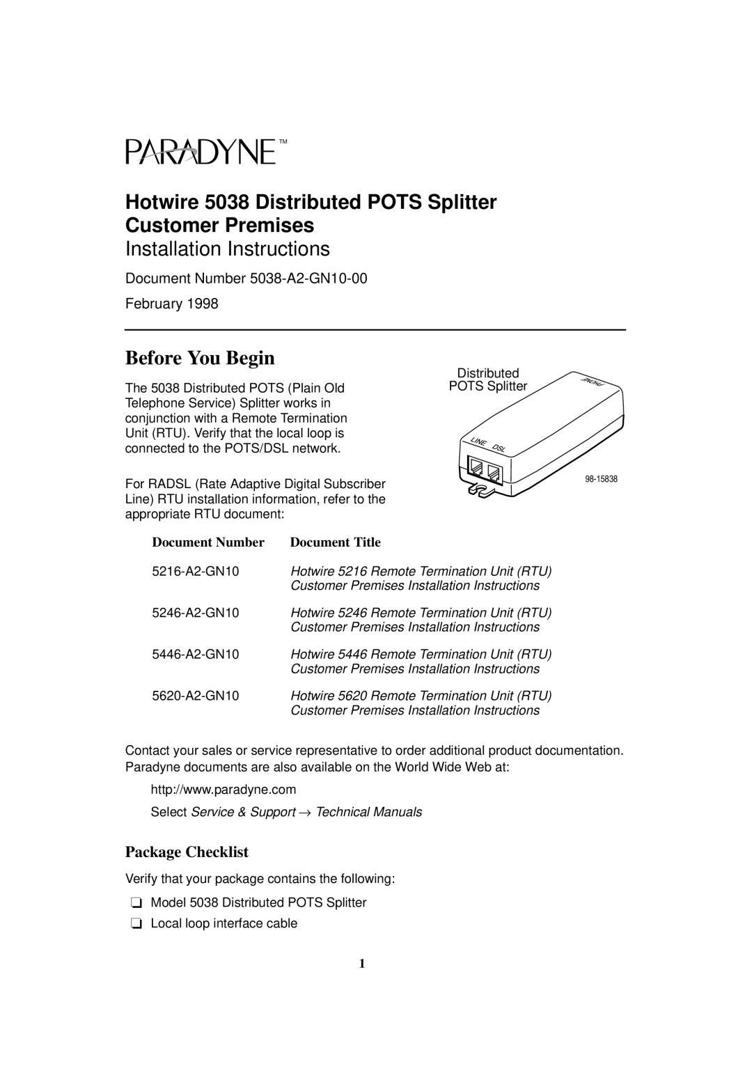 Paradyne 5038-A1-00 installation instructions Before You Begin, Package Checklist, Document Number Document Title 