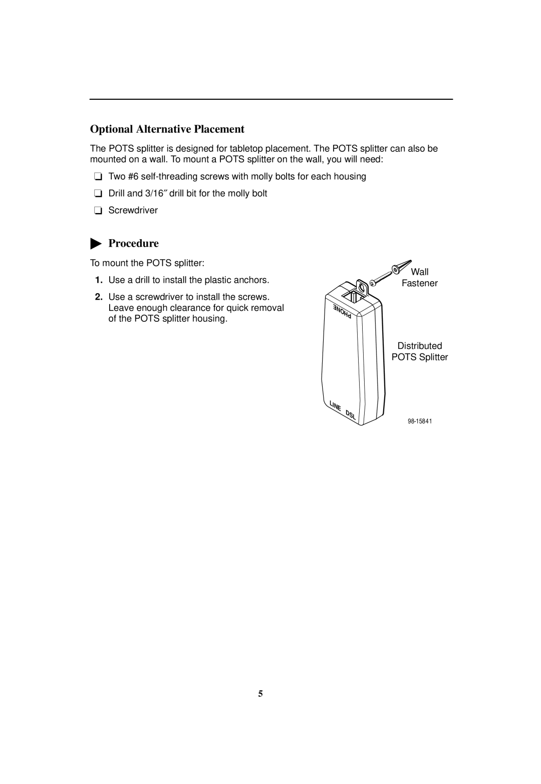 Paradyne 5038-A1-00 installation instructions Optional Alternative Placement 