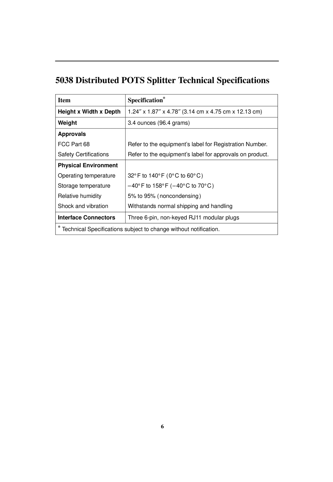 Paradyne 5038-A1-00 installation instructions Distributed Pots Splitter Technical Specifications 