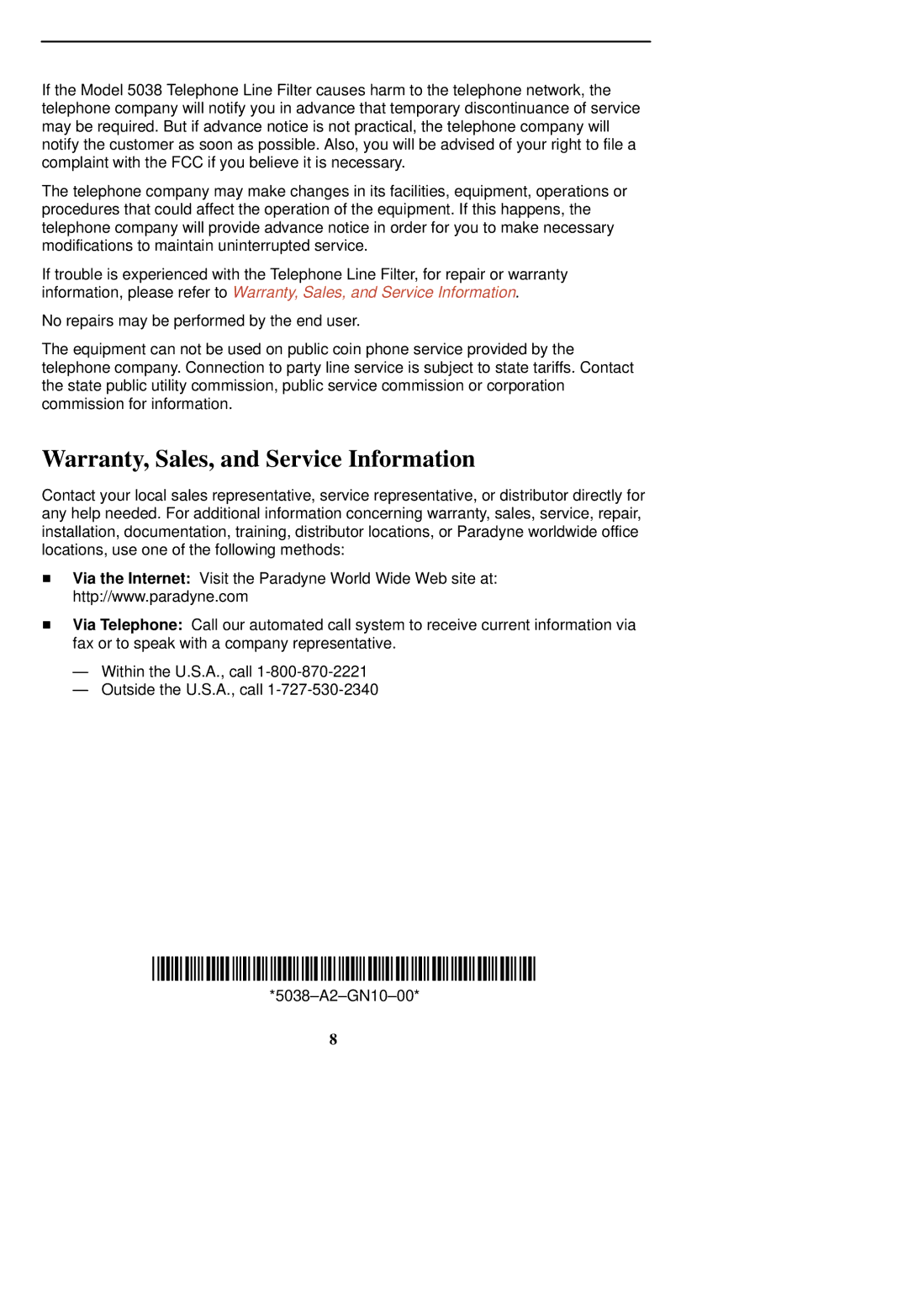 Paradyne 5038-A1-00 installation instructions Warranty, Sales, and Service Information 