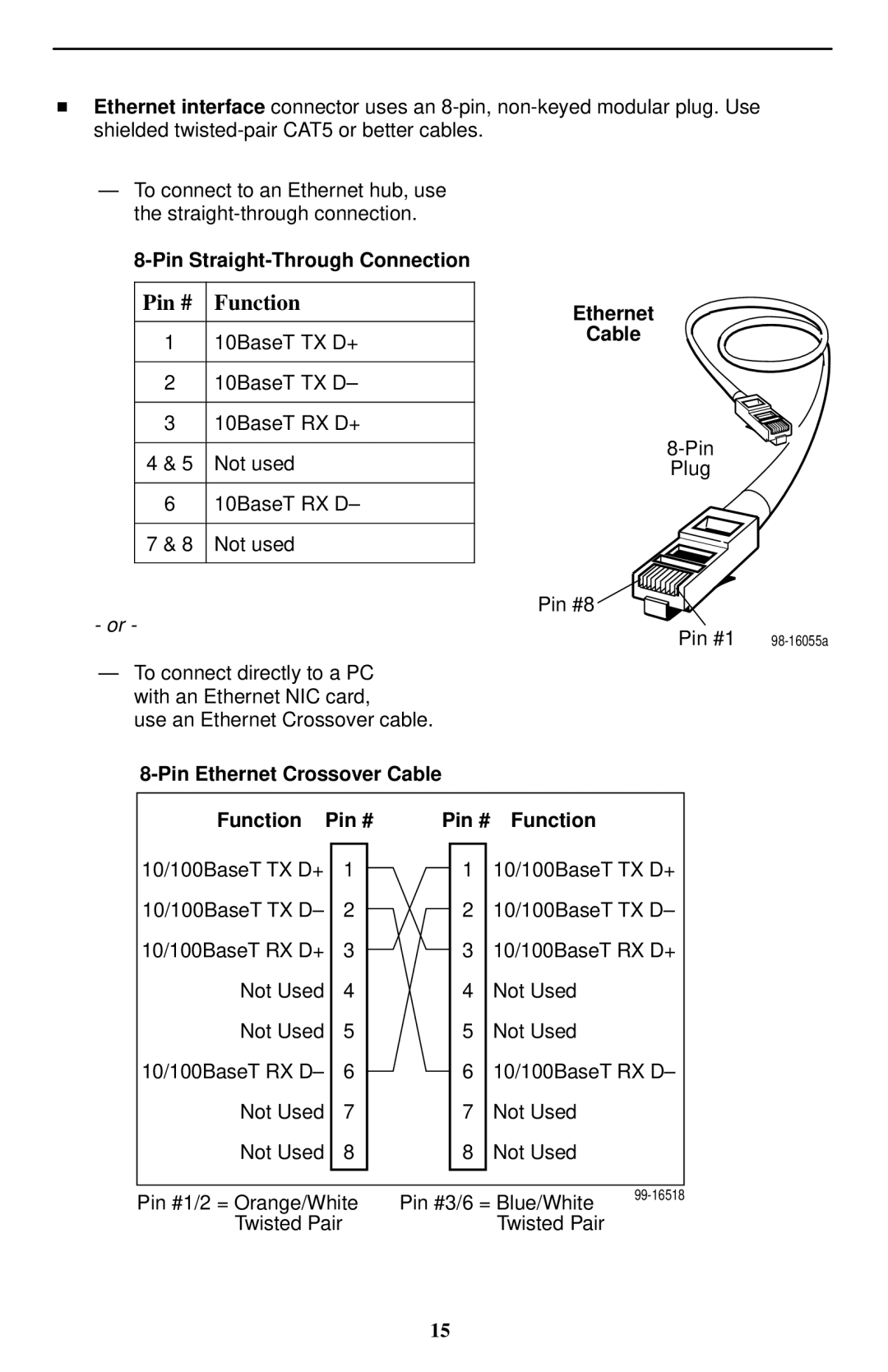 Paradyne 5620-A2-GN11-30 installation instructions Pin Straight-Through Connection, Ethernet Cable 