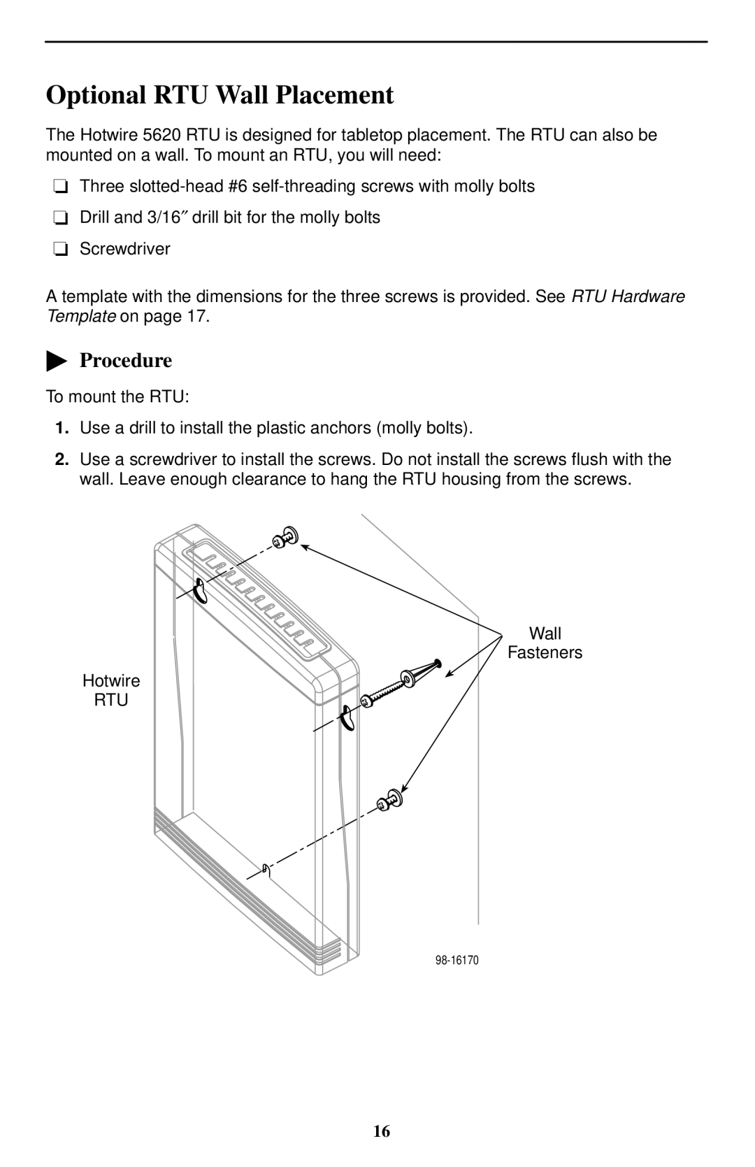 Paradyne 5620-A2-GN11-30 installation instructions Optional RTU Wall Placement, Procedure 