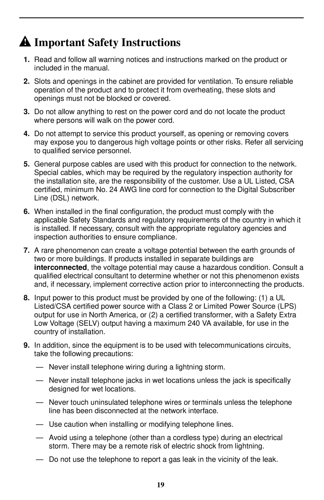 Paradyne 5620-A2-GN11-30 installation instructions Important Safety Instructions 