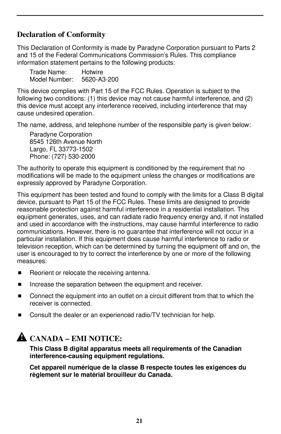 Paradyne 5620-A2-GN11-30 installation instructions Declaration of Conformity, Canada ± EMI Notice 