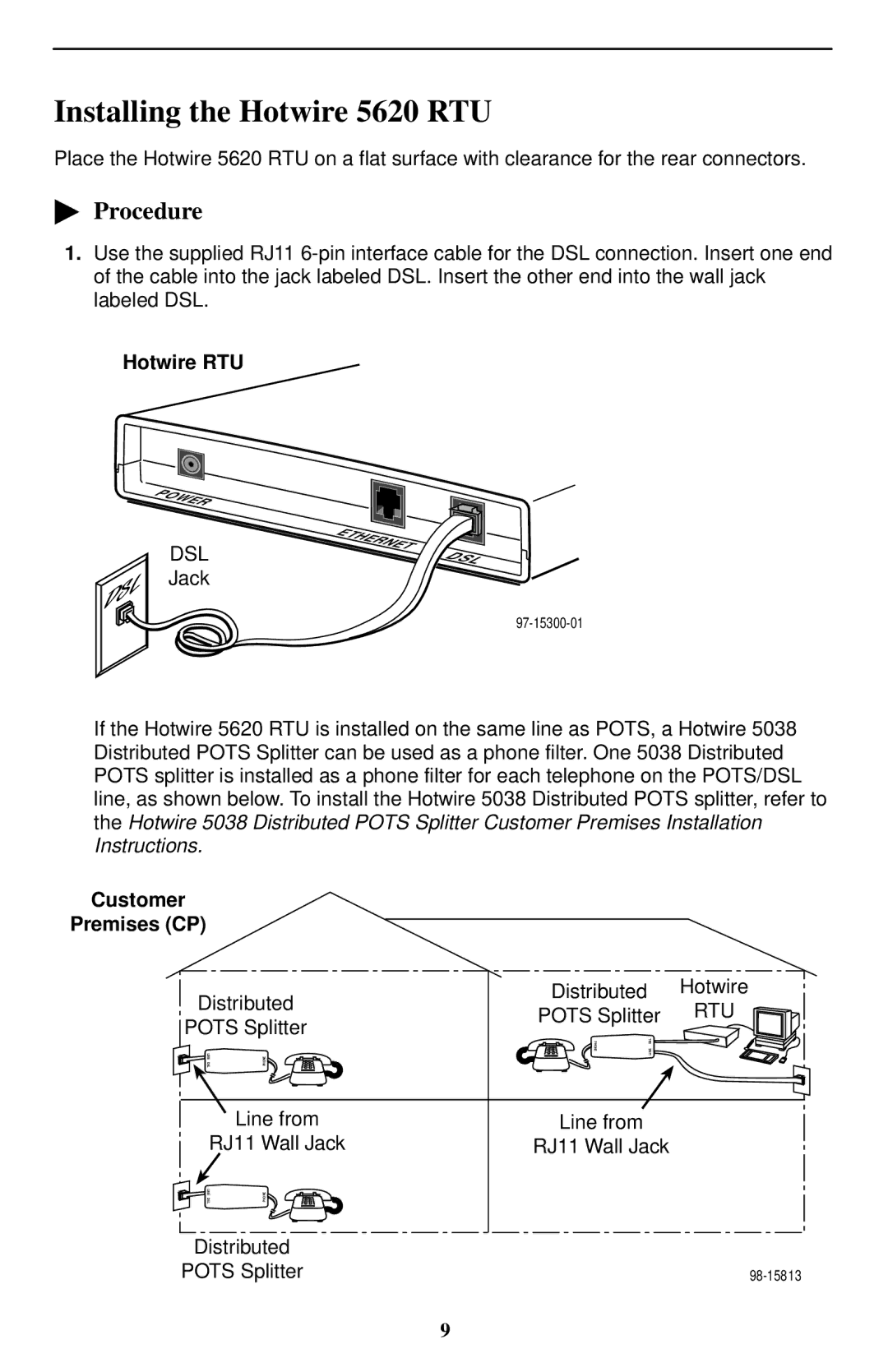 Paradyne 5620-A2-GN11-30 installation instructions Installing the Hotwire 5620 RTU, Hotwire RTU, Pots Splitter 