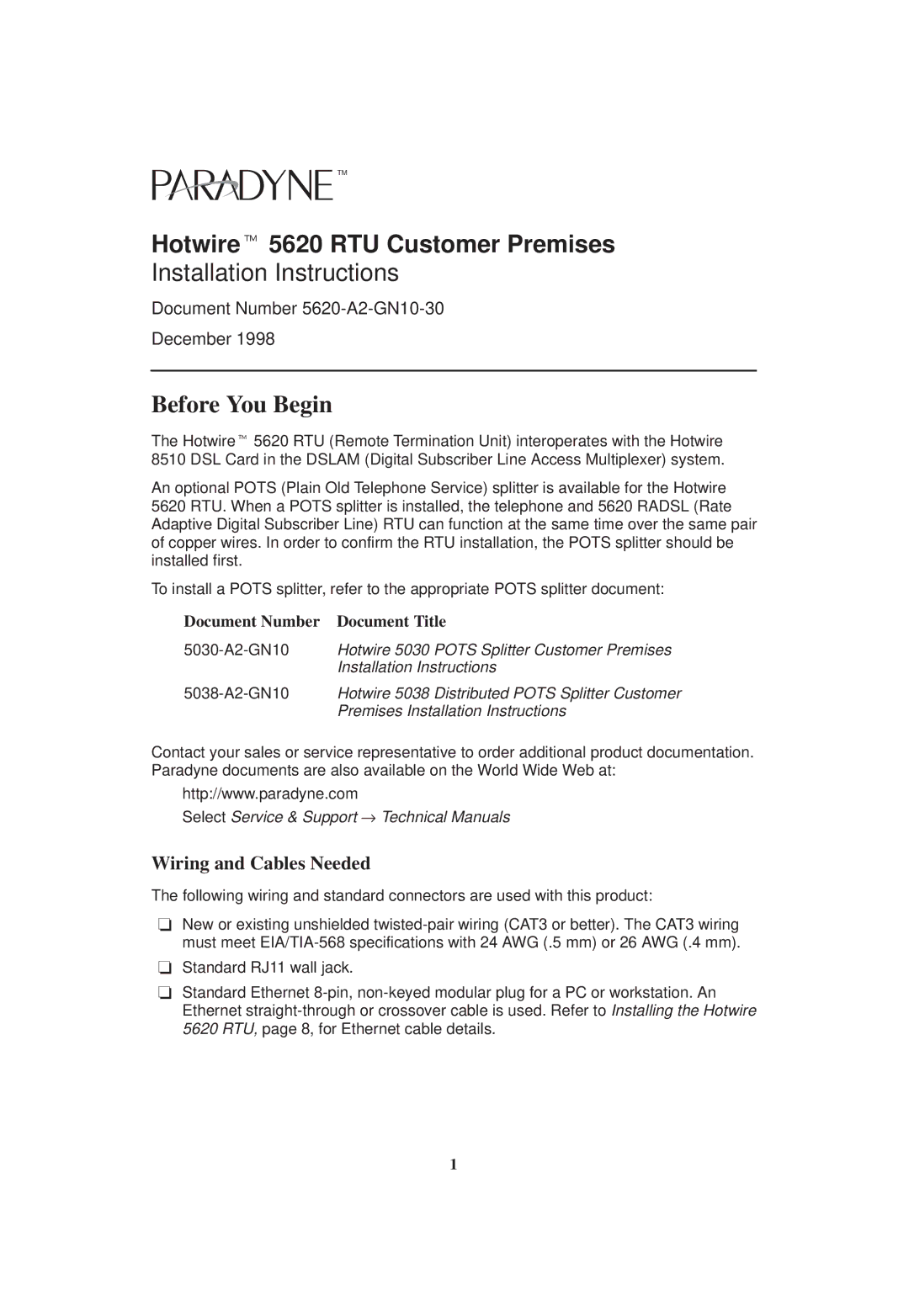 Paradyne 5620 RTU installation instructions Before You Begin, Wiring and Cables Needed, Document Number Document Title 