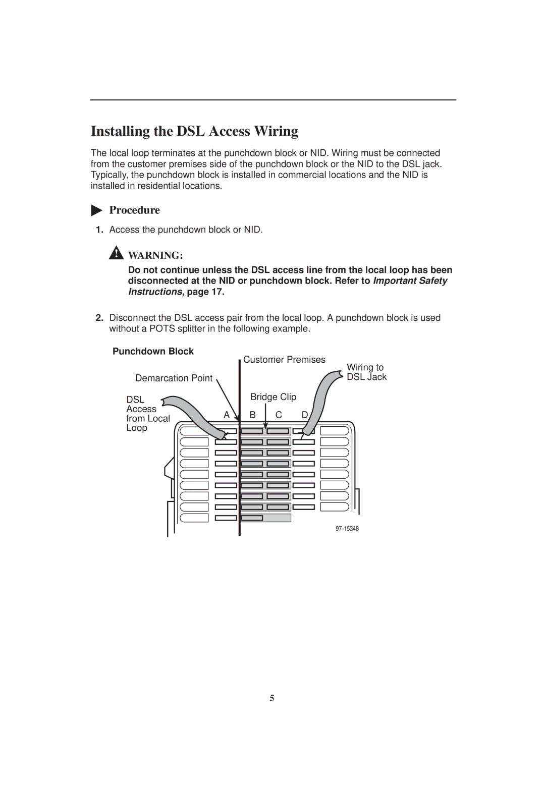 Paradyne 5620 RTU installation instructions Installing the DSL Access Wiring, Procedure, Punchdown Block 