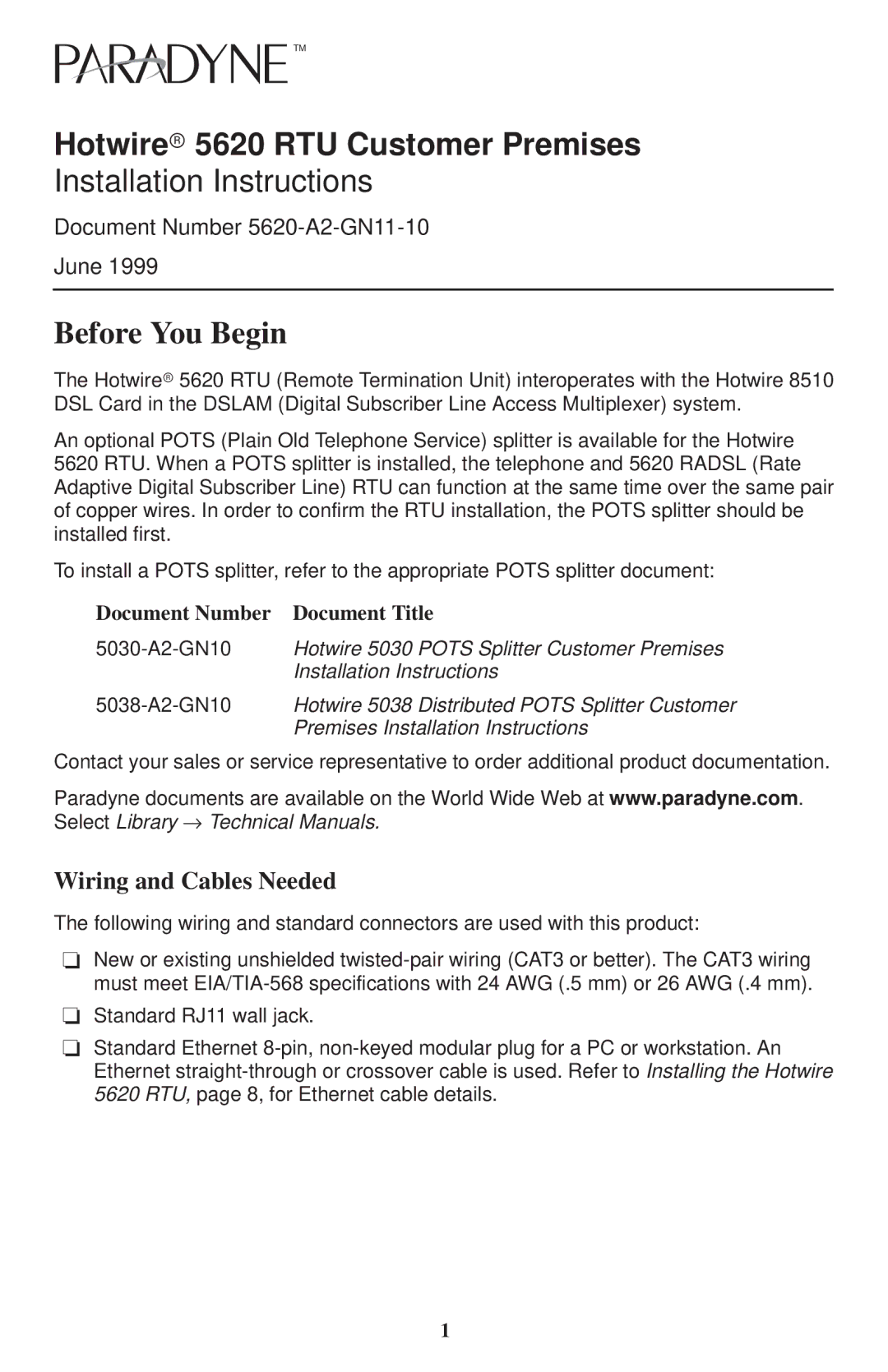 Paradyne 5620 installation instructions Before You Begin, Wiring and Cables Needed, Document Number Document Title 