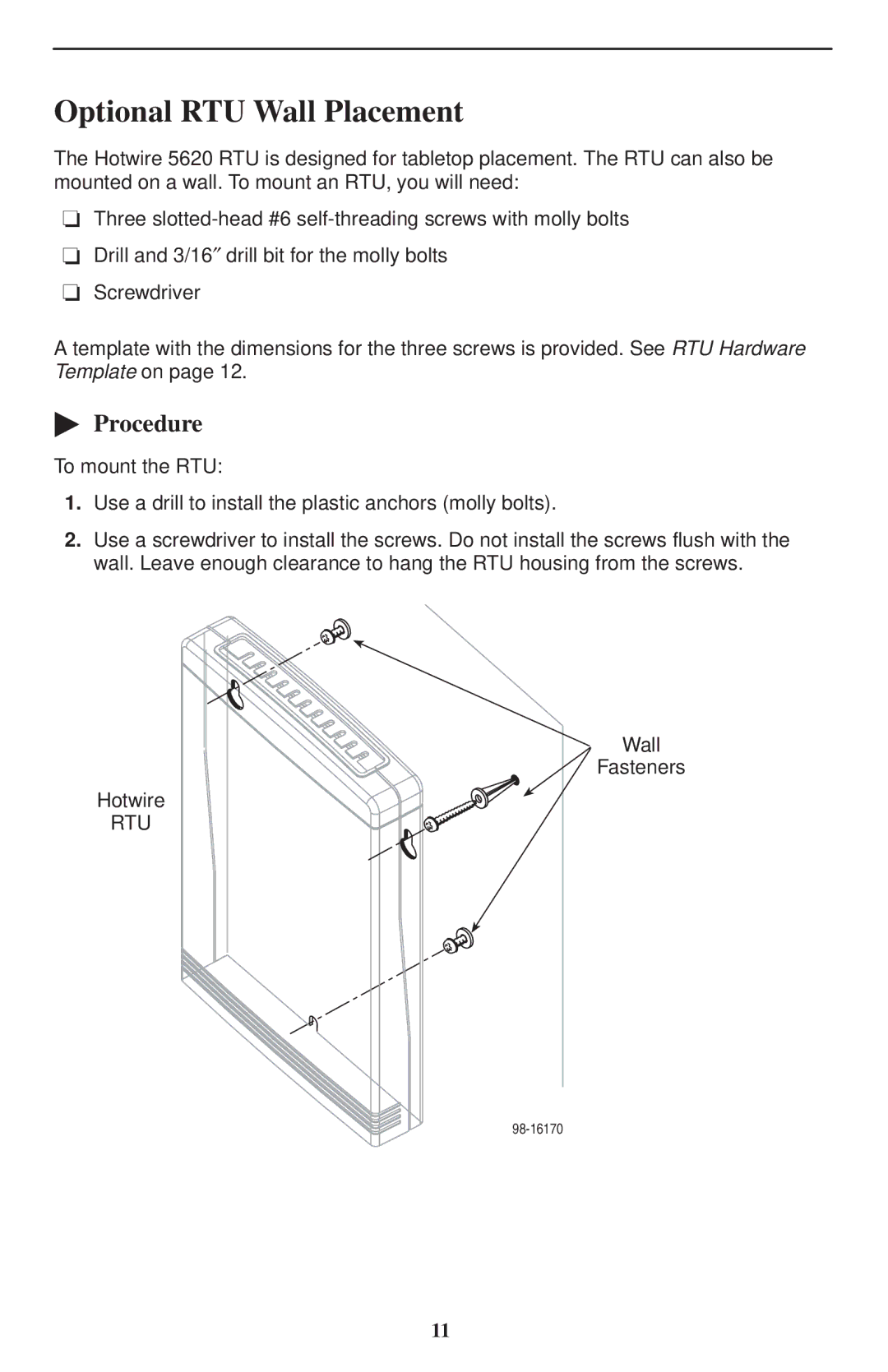 Paradyne 5620 installation instructions Optional RTU Wall Placement, Procedure 