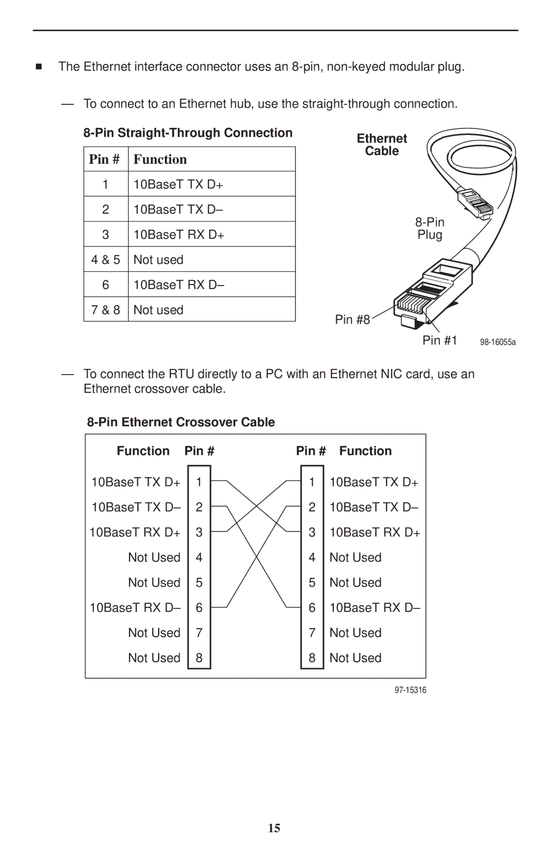 Paradyne 5620 Pin Straight-Through Connection, Ethernet Cable, Pin Ethernet Crossover Cable Function Pin # Pin # Function 