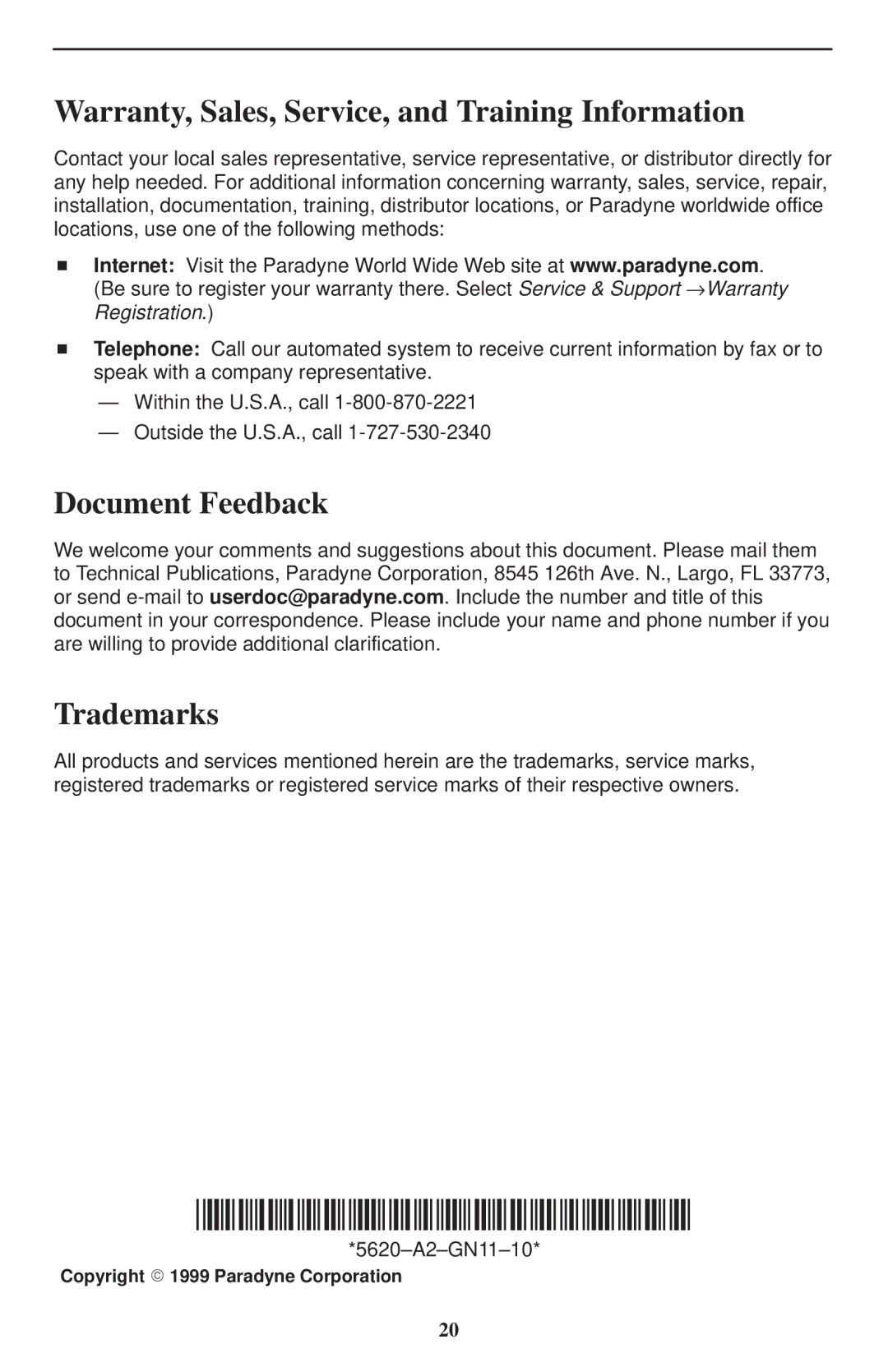 Paradyne 5620 installation instructions Warranty, Sales, Service, and Training Information, Document Feedback, Trademarks 