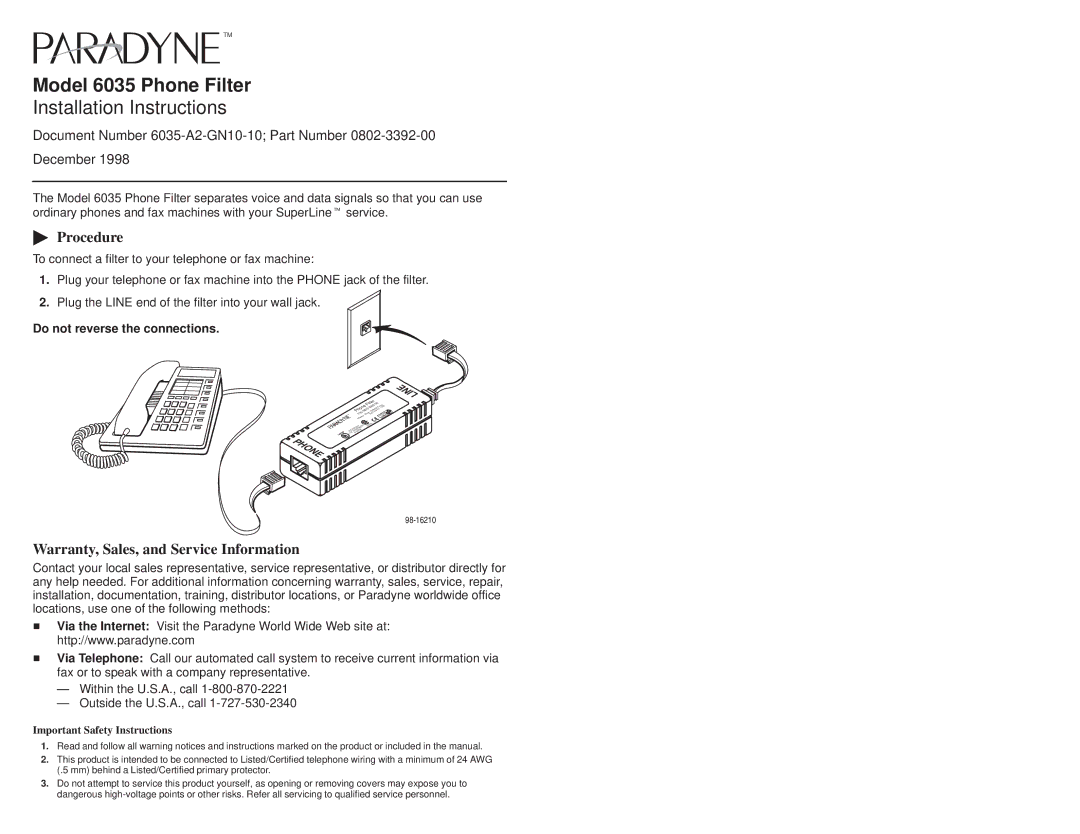 Paradyne warranty Model 6035 Phone Filter, Installation Instructions,  Procedure 