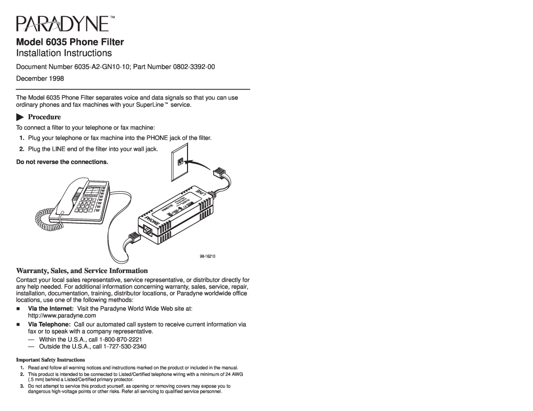 Paradyne warranty Model 6035 Phone Filter, Installation Instructions,  Procedure, Do not reverse the connections 