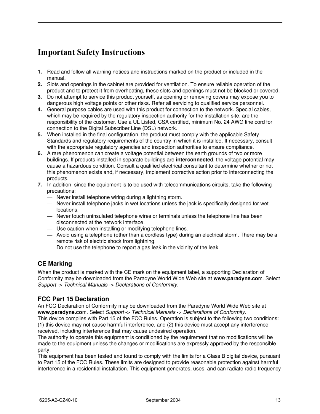 Paradyne 6205 installation instructions Important Safety Instructions, CE Marking FCC Part 15 Declaration 