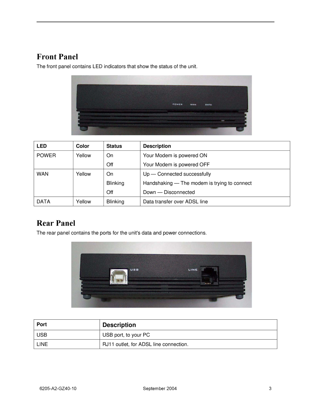 Paradyne 6205 installation instructions Front Panel, Rear Panel 