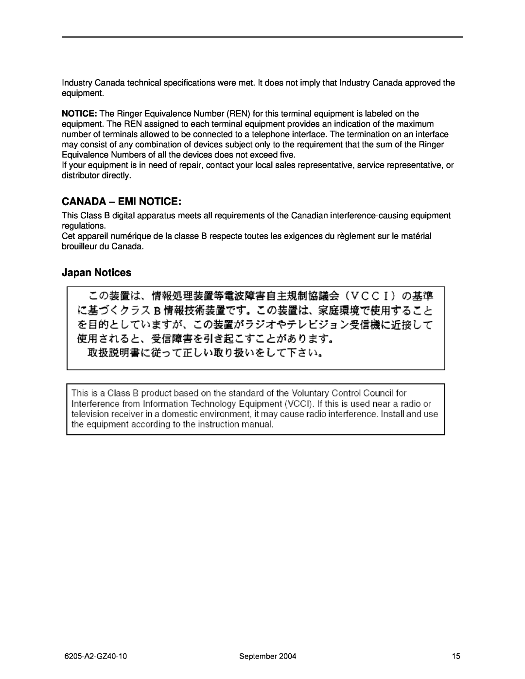 Paradyne 6205 installation instructions Canada - Emi Notice, Japan Notices 