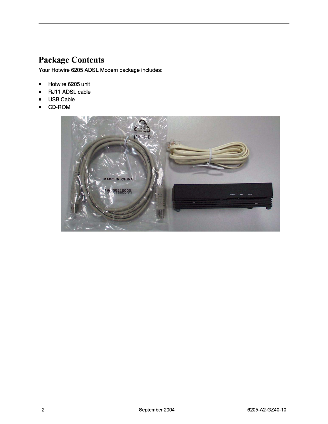 Paradyne Package Contents, Your Hotwire 6205 ADSL Modem package includes Hotwire 6205 unit, September, 6205-A2-GZ40-10 