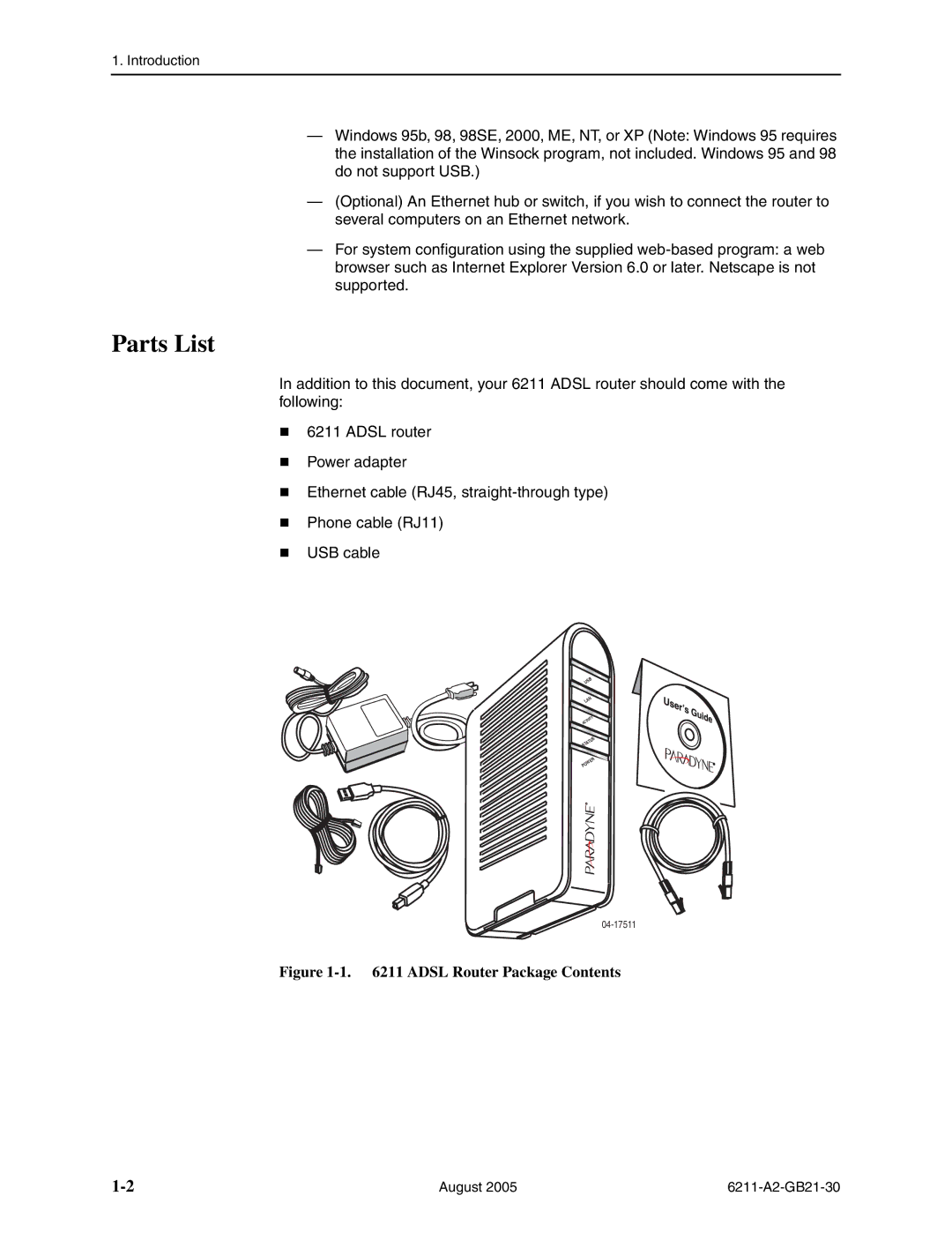 Paradyne 6211-I1 manual Parts List, Adsl Router Package Contents 