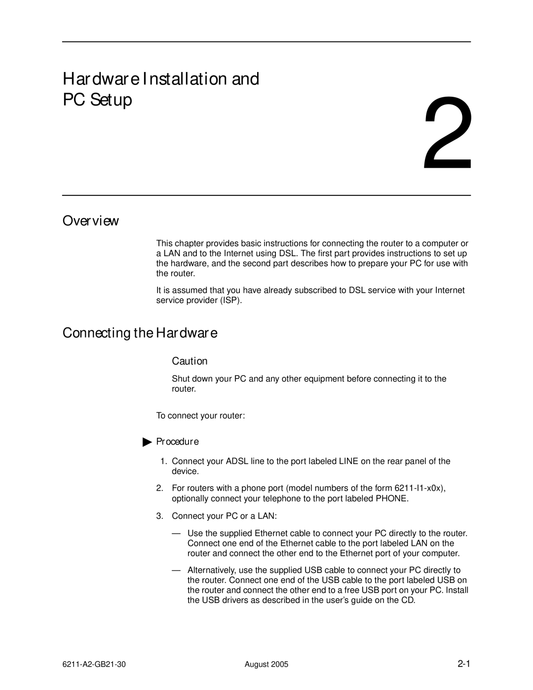 Paradyne 6211-I1 manual Hardware Installation PC Setup, Overview, Connecting the Hardware 