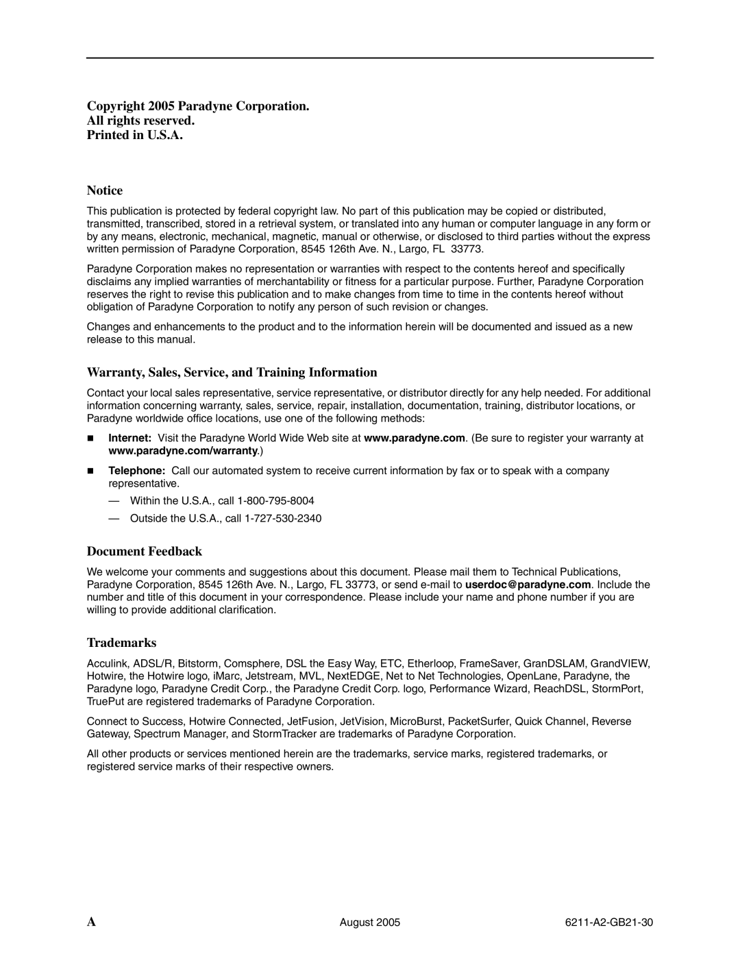 Paradyne 6211-I1 manual Copyright 2005 Paradyne Corporation All rights reserved 