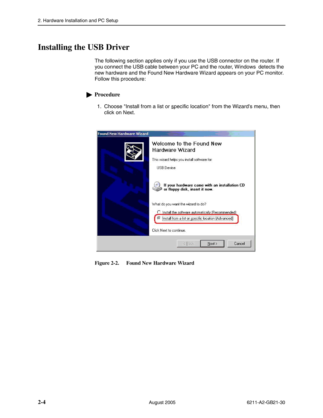 Paradyne 6211-I1 manual Installing the USB Driver, Found New Hardware Wizard 