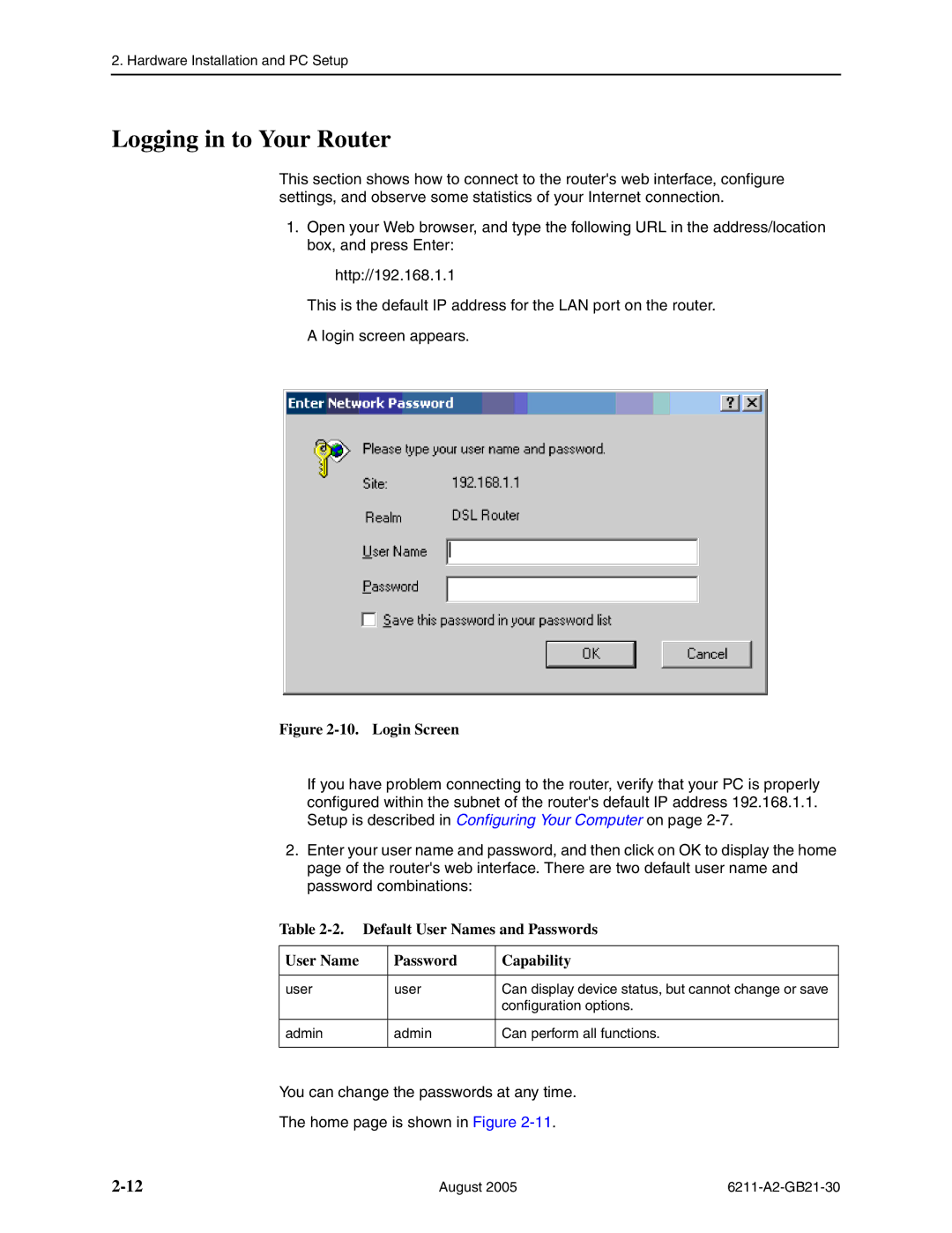 Paradyne 6211-I1 manual Logging in to Your Router, User Name Password Capability 