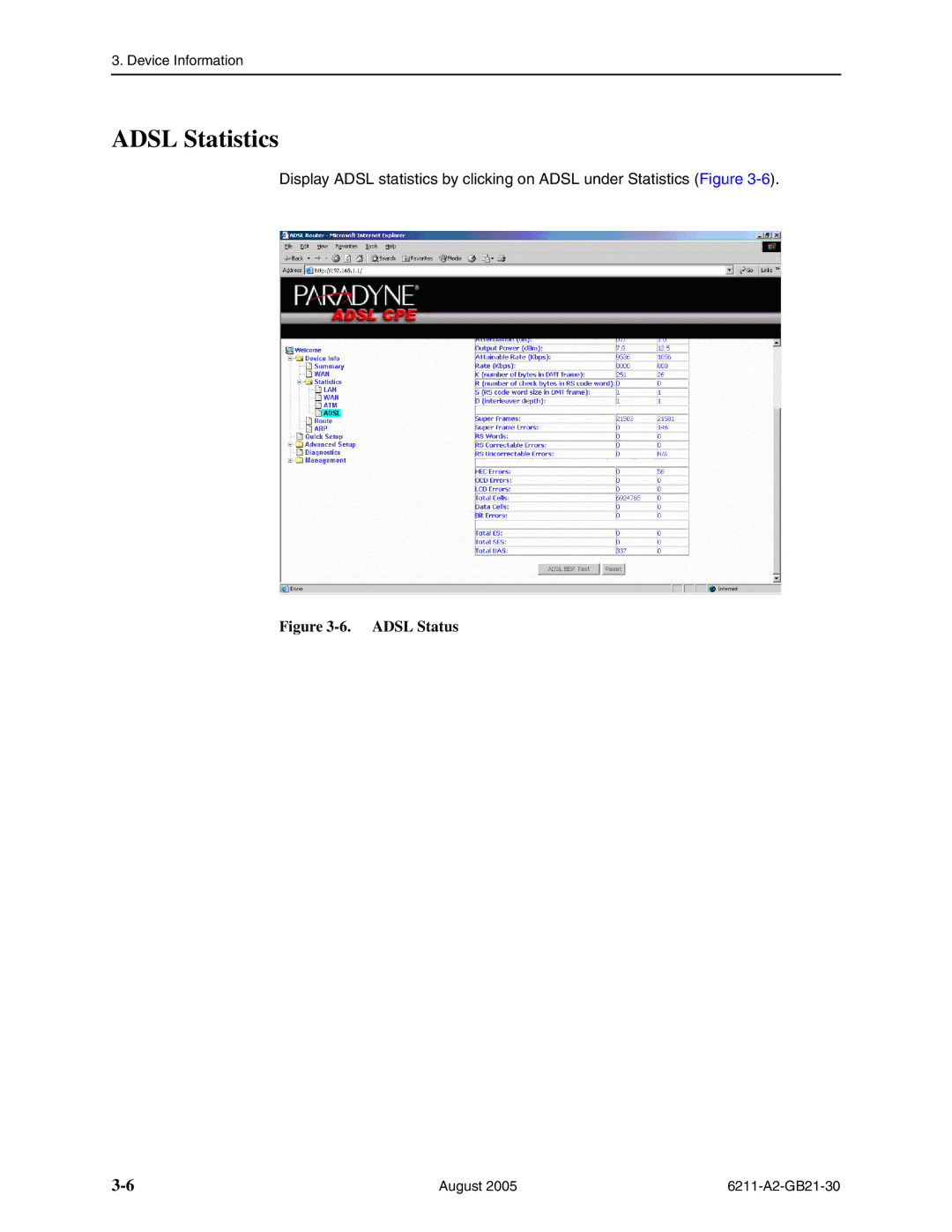 Paradyne 6211-I1 manual Adsl Statistics, Adsl Status 