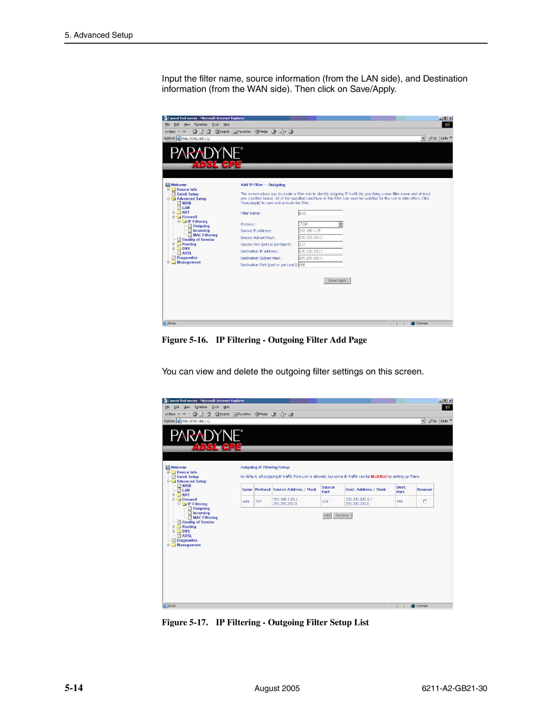 Paradyne 6211-I1 manual IP Filtering Outgoing Filter Add 